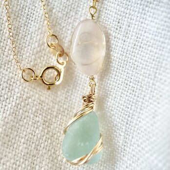 《14kgf》桜貝と空色シーグラスの優しい気持ちになる思い出詰まったネックレス 45cm