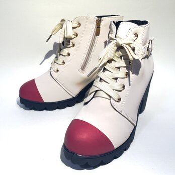 バイカラー サイドジップブーツ アイボリーxボルドー｜美脚8.5cmヒール｜選べるトゥカラー10色｜モードショートブーツ