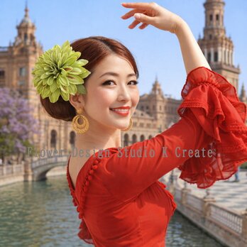 黄緑のダリアと葉っぱの髪飾り　Uピン　単品パーツ　成人式　ダンス　袴　フラメンコ　ライブ　髪飾り　グリン　緑色　前撮り　