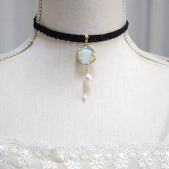 【受注製作】レジンアート　スライスアゲートとタティングレースとベルベットリボンのチョーカー〈始まりの鐘〉