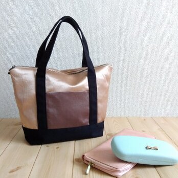 【在庫処分SALE50%OFF】ファスナー付き☆小さめサテンのトートバッグ　ミニ　ゴールド　　743