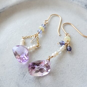 宝石質アメトリンとアイオライトのアシンメトリーピアス・イヤリング変更可・14kgf