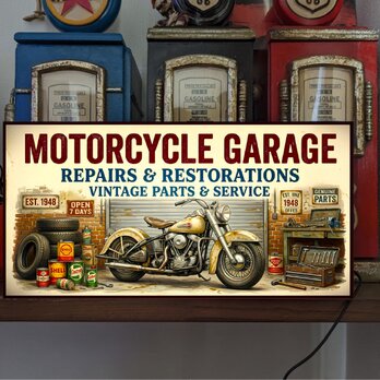 【オーダー無料】モーターサイクル ガレージ バイク リペアサービス レトロ 店舗 自宅 照明 看板 置物 雑貨 ライトBOX