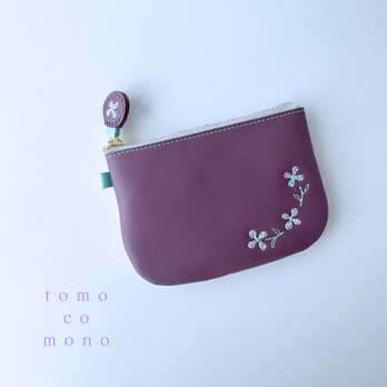 ECCOレザー × 刺繍革財布『hana＊hana』PLUM／PURPLE（牛革）パスケース