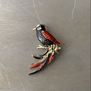 Vintage retro black×red enamel bird brooch