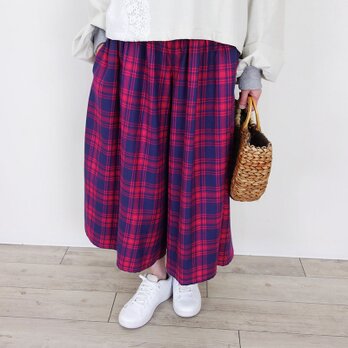 マゼンタネイビー・タータンチェックのギャザーパンツ│お花見 ドライブ お出かけ コットン 旅行