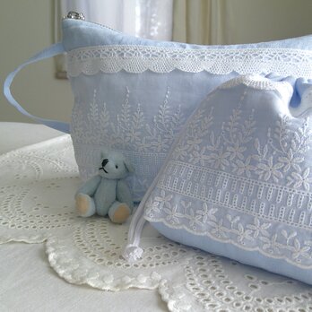 刺繍lace×BlueLinen PouchSet