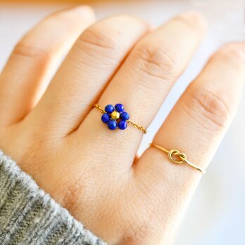 夜空の花 ラピスラズリ フラワー チェーンリング｜サイズ調整可能｜華奢 ゴールド 天然石リング