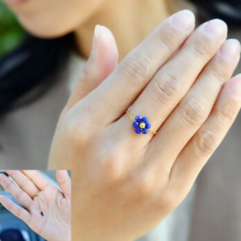 夜空の花 ラピスラズリ フラワー チェーンリング｜サイズ調整可能｜華奢 ゴールド 天然石リング