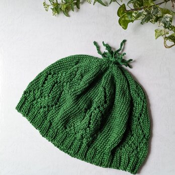 【送料無料】ユニークモチーフの透かし柄コットンニット帽/ビーニー　手編み　グリーン　春