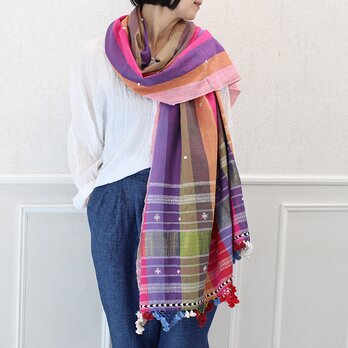 インドグジャラート手織りカラコットン大判ストール【ミラーワークストライプ】