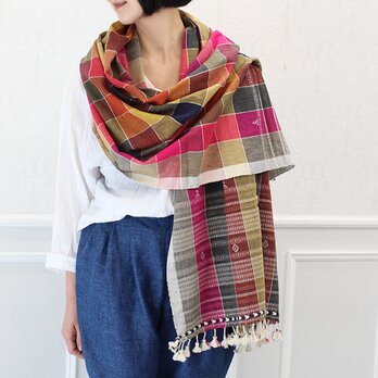 インドグジャラート手織りカラコットンストール【チェックB】