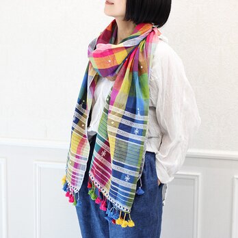 インドグジャラート手織りカラコットンストール【ミラーワークチェック】