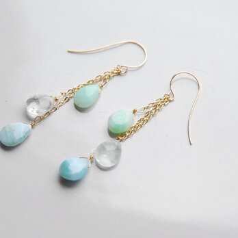 ラリマーとグリーンオパールとアクアマリンの３粒ピアス　１４kgf