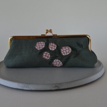 春の花 刺繍　がま口　ポーチ カーキ