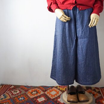 デニム調プリント柄なキュロットガウチョパンツ（Wガーゼ）