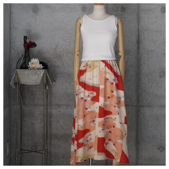 大正ロマンのフレアロングスカート 　L サイズ 　着物リメイク