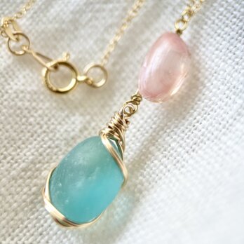 《14kgf》思い出の桜貝と海色シーグラスのネックレス 45cm