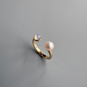 10月誕生石オパールとパールフォークリング指輪２粒ジュエリー