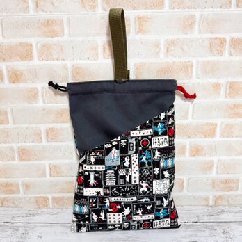 巾着型シューズケース　大　(外ポケット付)　【和柄・忍者】