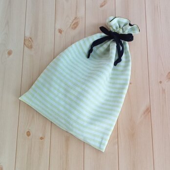 【在庫処分SALE50%OFF】シューズケースにもなる大きな巾着袋　ボーダー　ポケット付き　大人用　手洗い可　イエロー　　700