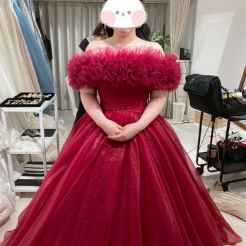 実例写真！取り外しオフショルダーのみ ワインレッド ソフトチュール 編み上げ 花嫁