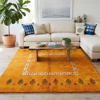 ペルシャ ギャッベ　リビング敷　ダイニング敷　ラグ　244x203cm　黄金色　RJ15988