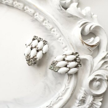 【フランス買付】ヴィンテージ シルバー×ミルクガラス＆ラインストーン イヤリング 1980s【1万円以上で送料無料】