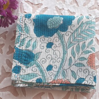 ブロックプリント　インド綿バンダナ  白・グリーン　花柄 唐草模様