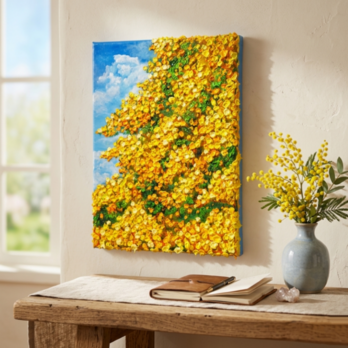 F4号お部屋に春の光を。油絵【風とはずむミモザ】玄関やリビングを彩る花の絵