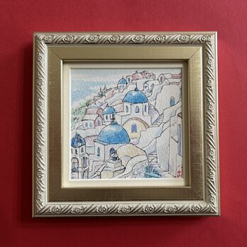 夢の時間(水彩画、原画、ギリシャ、サントリーニ島)