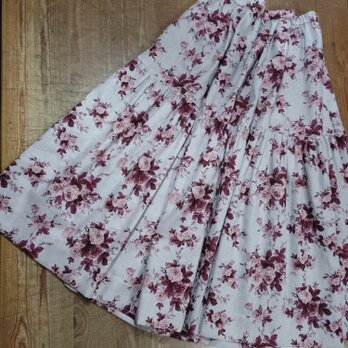 綿麻ウエストゴム　ギャザーフレアスカート（グレー×エンジ）