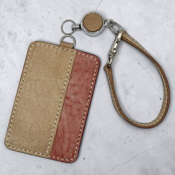 毎日に馴染む 手縫いの本革パスケース｜アラスカレザー ナチュラル×レッド｜リール付き