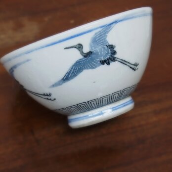 飛鶴三羽印判染付飯碗二客組　古色