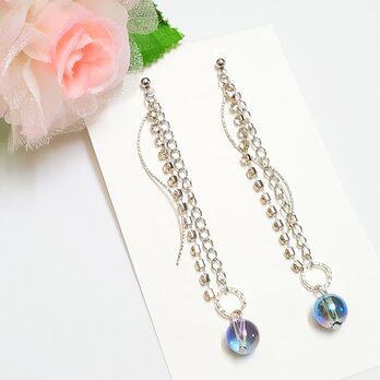 【アクアオーラの輝きロングピアス】揺れるチェーン＊透明感アクセサリー＊天然石ピアス＊ラインストーン＊サージカルステンレス