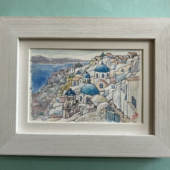 夢のサントリーニ(水彩画、原画、ギリシャ、サントリーニ島、風景画、フレーム付き)