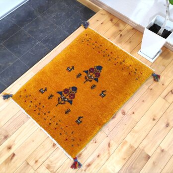 ペルシャ ギャッベ　玄関マット　ラグ　84x62cm　黄金色　花　ヤギ　羊　生命の木　RJ15218