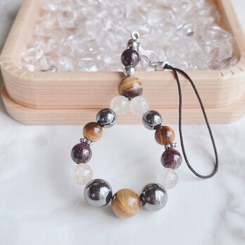 ✦迷いを減らし、決断と行動を後押し◎天然石ストラップ｜タイガーアイ・ルチルクォーツ・ガーネット No.544S