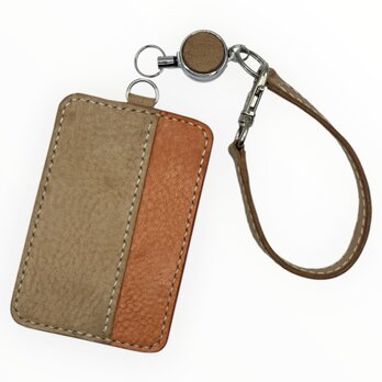 毎日に馴染む 手縫いの本革パスケース｜アラスカレザー ナチュラル×オレンジ｜リール付き