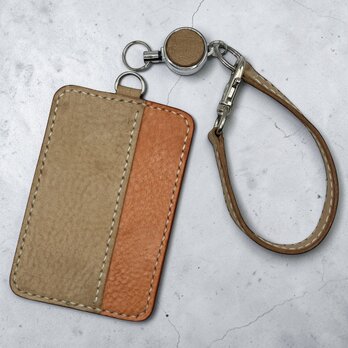 毎日に馴染む 手縫いの本革パスケース｜アラスカレザー ナチュラル×オレンジ｜リール付き