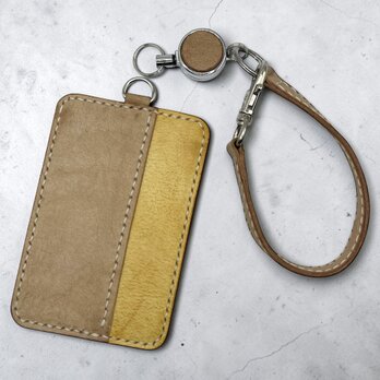 毎日に馴染む 手縫いの本革パスケース｜アラスカレザー ナチュラル×オレンジ｜リール付き