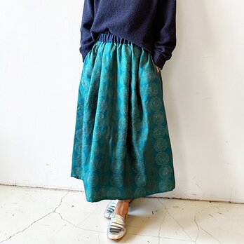 刺し子シルクカンタギャザースカート【グリーン】