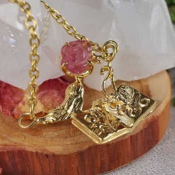 召喚の魔導書ネックレス　薔薇トルマリンver 真鍮 brass 天然石