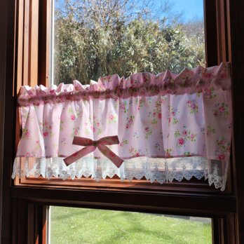 可愛いピンクROSE柄♡リボン＆チュールレース付きカフェカーテン