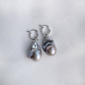 【Silver925】大粒グレーバロック真珠パールフープピアス