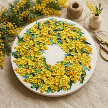 油絵 原画「幸せを呼ぶミモザの輪」ミモザ リース 絵画 花 インテリアアート　一点物　ナチュラルインテリア・北欧風のお部屋に