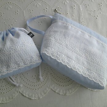 刺繍lace×BlueLinen PouchSet