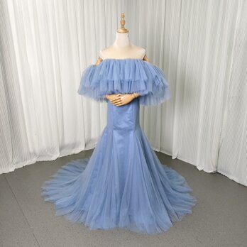 カラードレス ブルー オフショルダー 優雅なシルエット チュールスカート 編み上げ 発表会 揺らめく裾