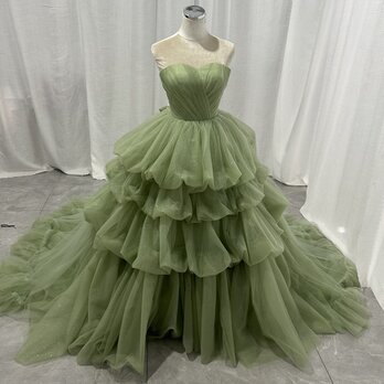 フランス風 カラードレス グリーン ベアトップ キラキラチュール ラッフルフリル 編み上げ 披露宴