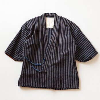 野良着 ジャケット 昭和中期 ジャパンヴィンテージ｜藍染 縞 木綿｜絣 羽織紐｜古布 ハンドメイド・リメイク素材